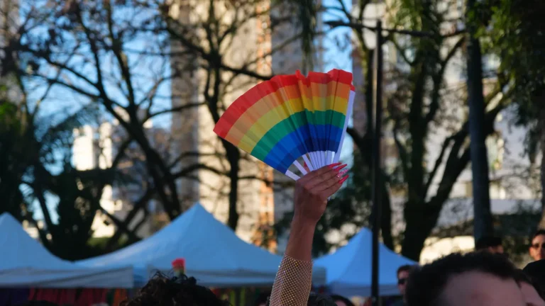 A rainbow fan raised among the trees of the square.
