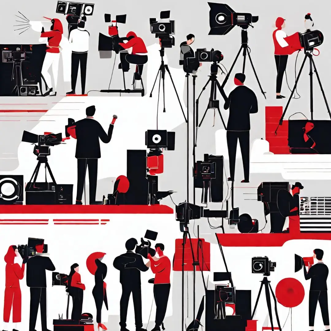 Ilustração em preto, branco e vermelho de equipes de filmagem com câmeras e tripés