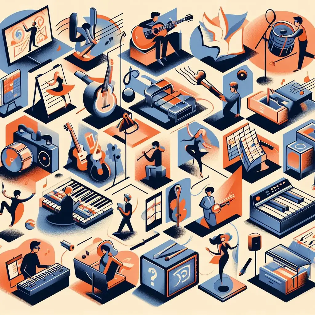 Ilustração isométrica com pessoas fazendo música, dança, cinema e artes visuais — oficina de projeto cultural