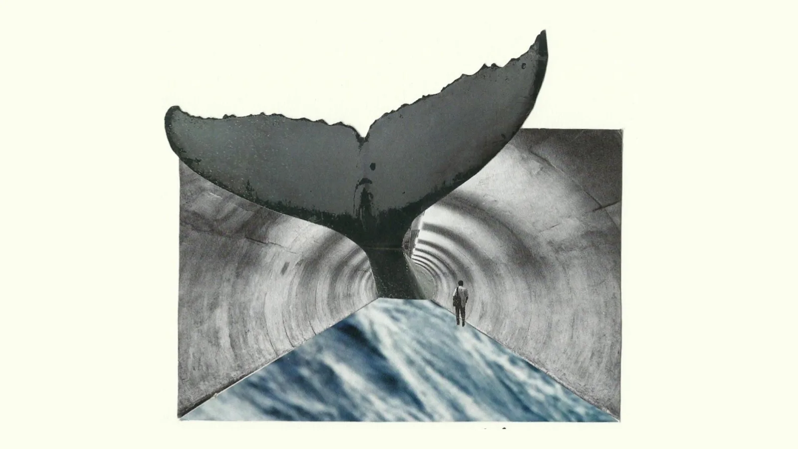 Colagem do zine: rabo de baleia sobre um túnel, com um homem caminhando em direção ao mar
