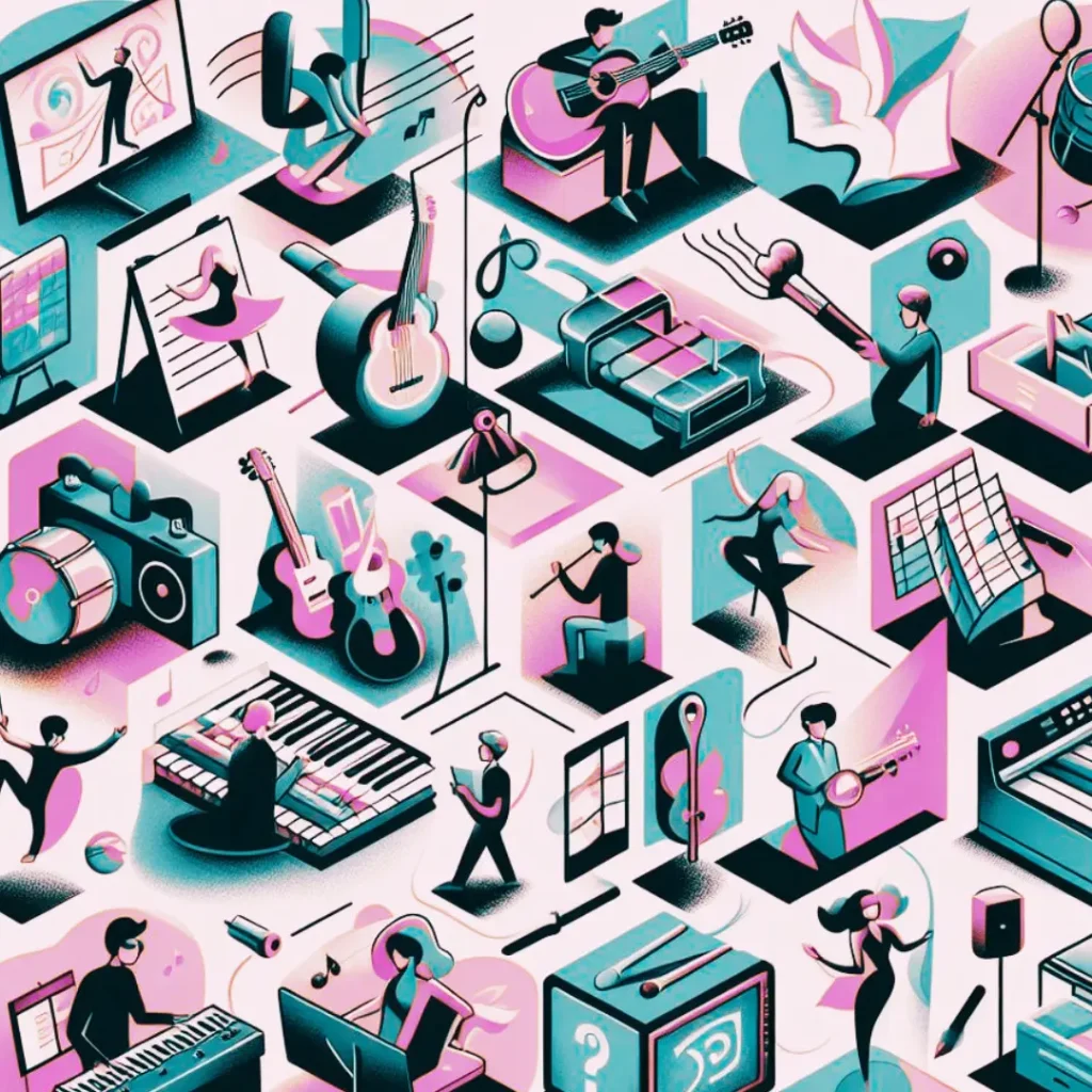 Ilustração isométrica em tons de rosa e verde com pessoas tocando instrumentos, dançando, filmando e escrevendo projetos